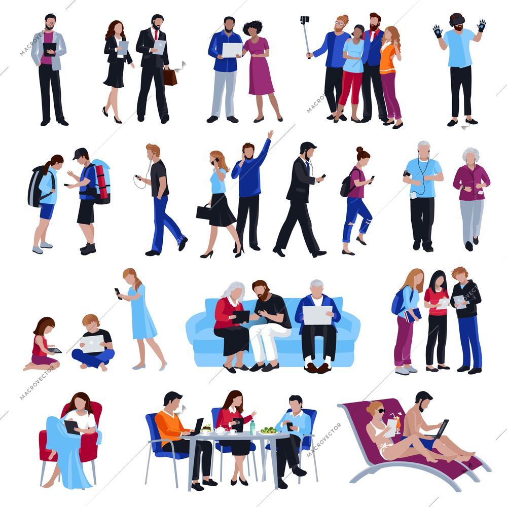 Design collection of people looking in gadgets screen in cafe and office on street and beach flat isolated vector illustration