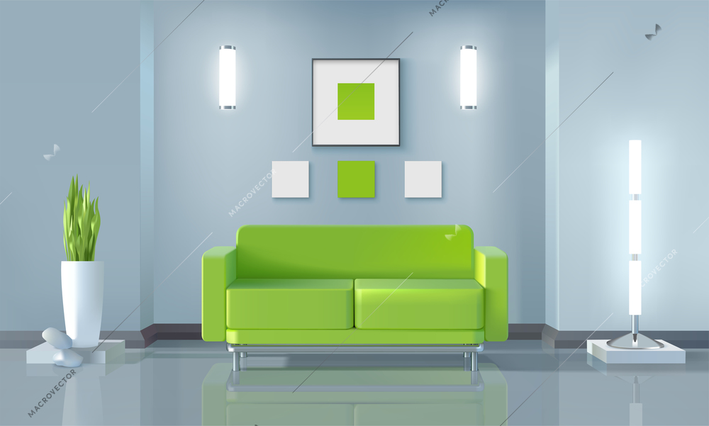 Living room realistic design with green sofa and house plant vector illustration
