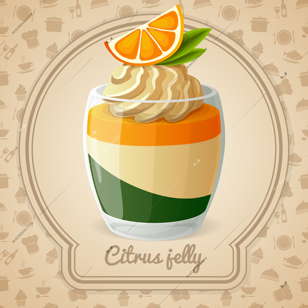 Layered citrus jelly dessert with orange and cream card and food cooking icons on background vector illustration