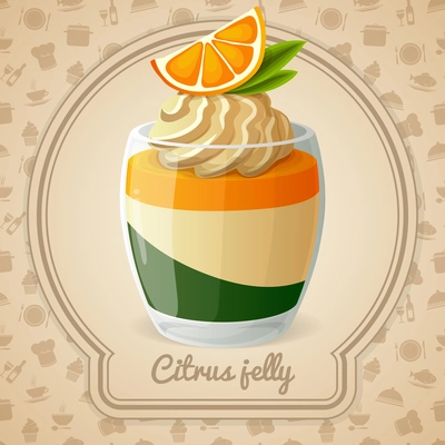 Layered citrus jelly dessert with orange and cream card and food cooking icons on background vector illustration
