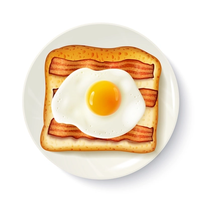 American breakfast food top view realistic image of toasted bread  fried egg and bacon on plate vector illustration