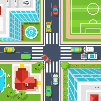 Poster of crossroad in city with buildings field vehicles and other top view flat vector illustration