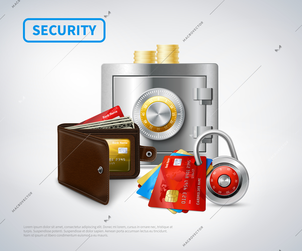 Money realistic security set of metal closed safe wallet credit cards padlock golden coins isolated vector illustration