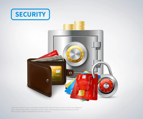 Money realistic security set of metal closed safe wallet credit cards padlock golden coins isolated vector illustration