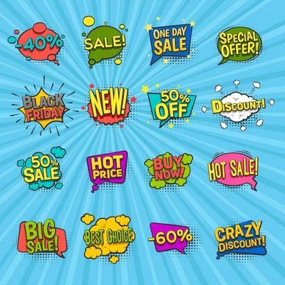 Discount comic icons set with special offer symbols on blue background flat isolated vector illustration