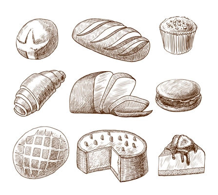 Puff pastry and bread assortment doodle food icons set vector illustration