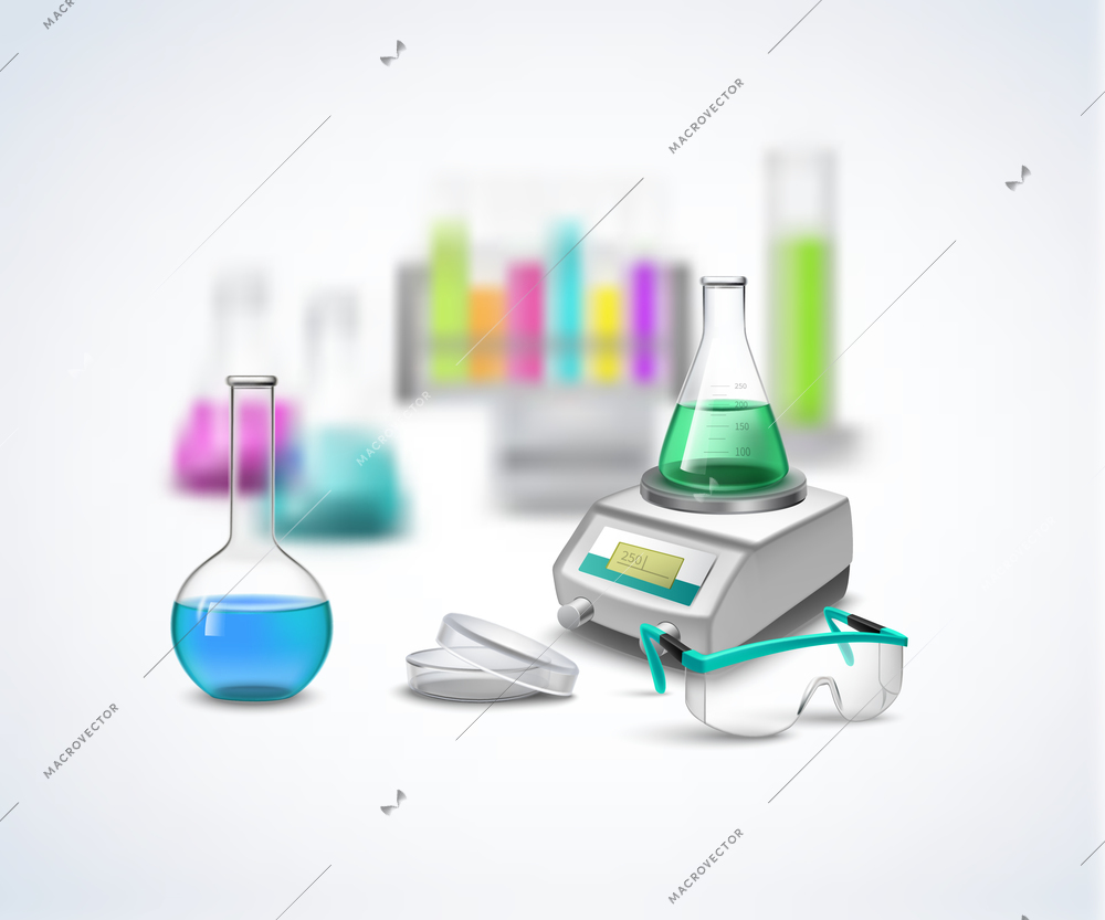 Laboratory equipment composition with tubes with liquids on scales glasses for experiments realistic flat vector illustration