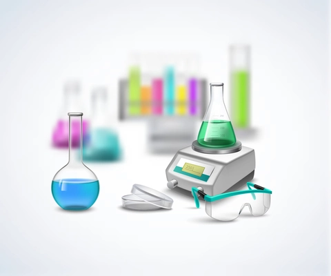 Laboratory equipment composition with tubes with liquids on scales glasses for experiments realistic flat vector illustration