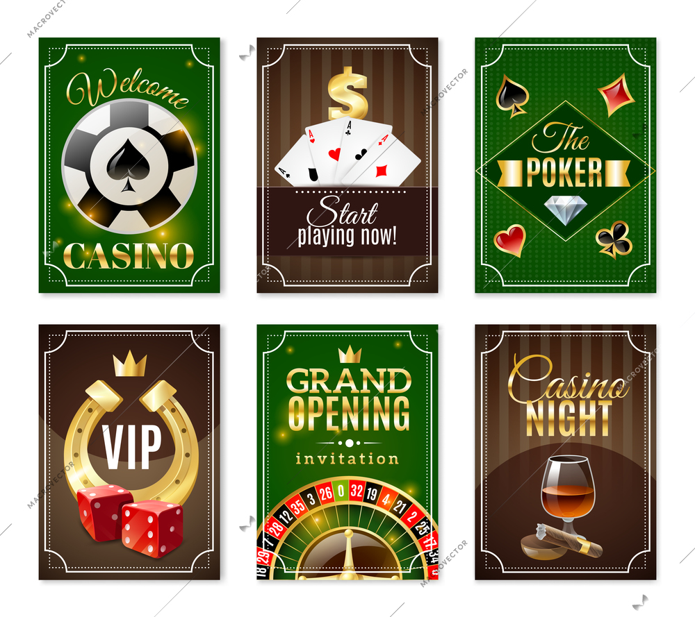 Casino cards back 6 mini posters banners set with  red dice and gold horseshoe isolated vector illustration