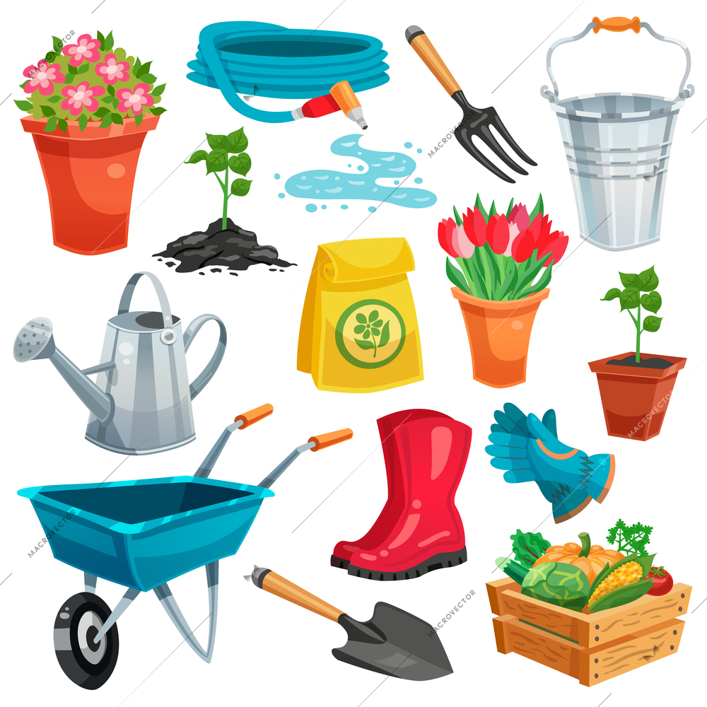 Garden set with pail watering can rubber boots sprout in pot organic vegetables in container colored isolated icons flat vector illustration