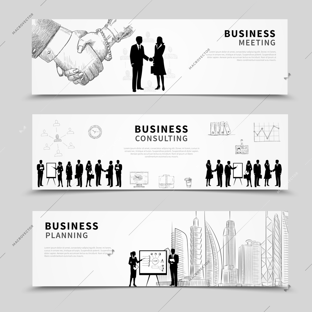 Business people horizontal banner set with meeting planning and consulting scenes isolated vector illustration