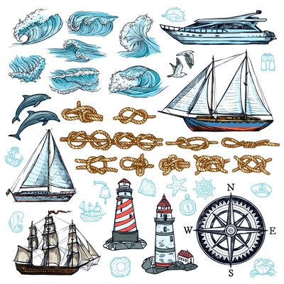 Marine sketch set of ship boat rope knots lighthouses waves sea animals compass isolated vector illustration