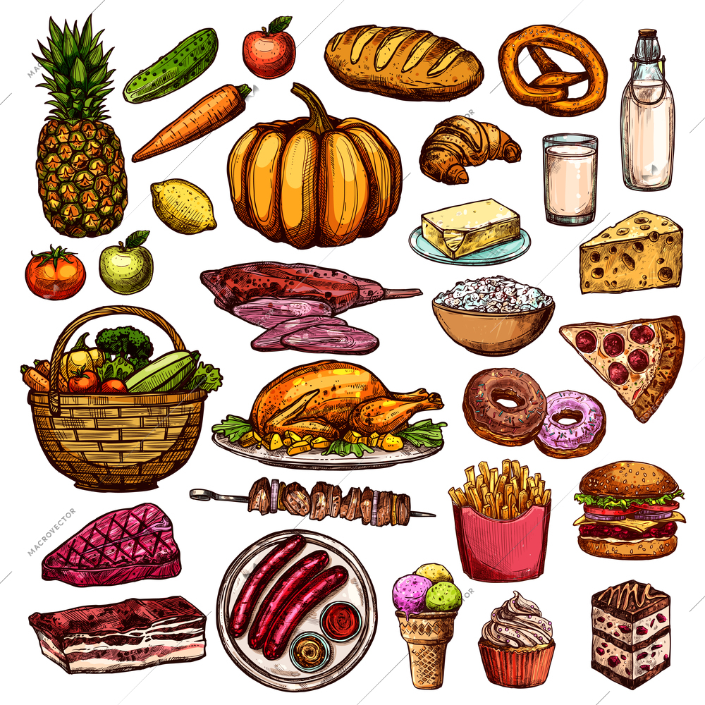 Hand drawn food collection with meat dishes desserts vegetables fruits milk products pizza bread isolated vector illustration