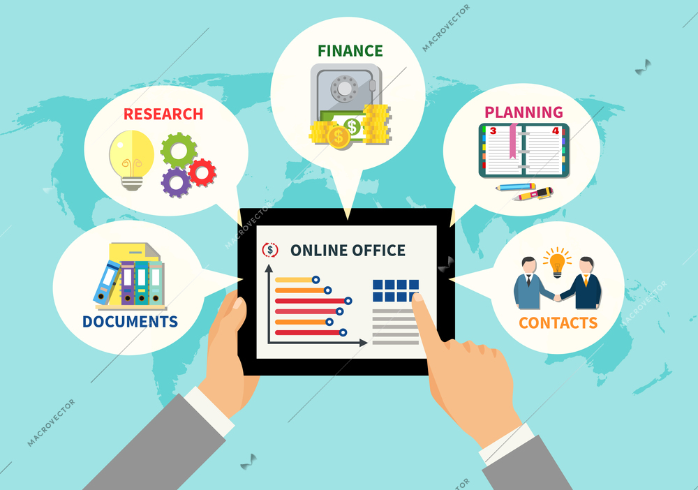 Online office design concept with tablet in man hands and documents contacts research planning icons around flat vector illustration