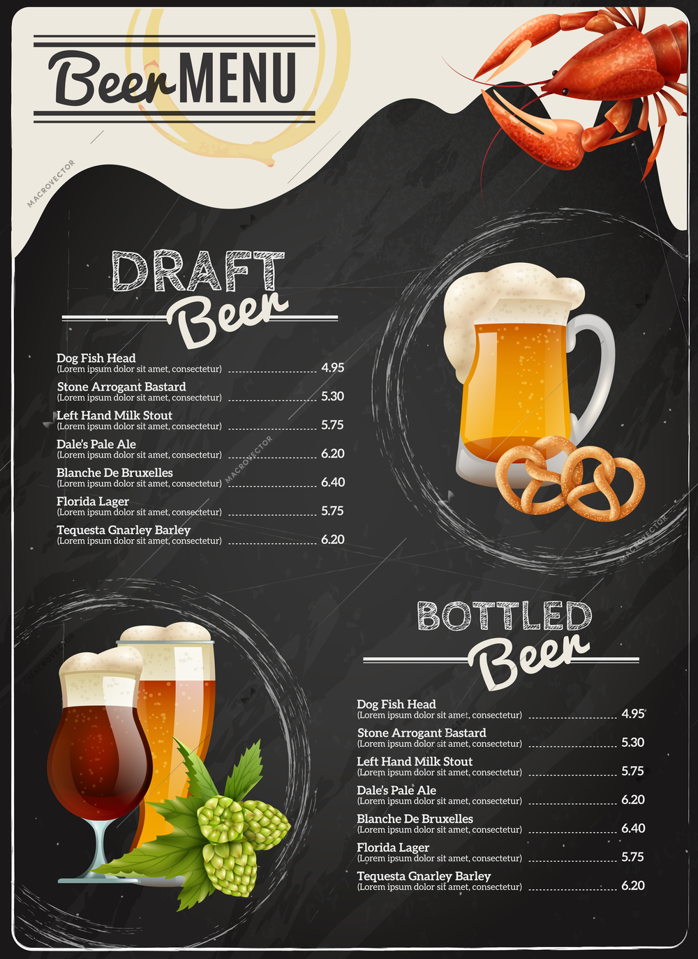 Beer chalkboard menu with different types of beverage lobster mug pretzel hop and glasses vector illustration