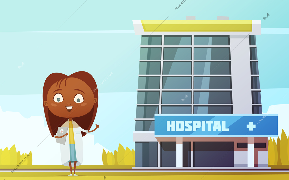 Cute female doctor slim abstract figurine at city hospital building background flat cartoon  vector llustration