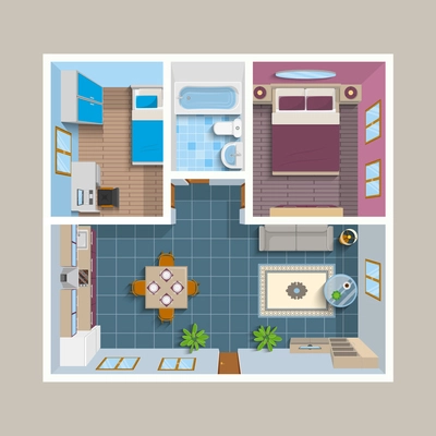 Flat architectural plan top view position with divided rooms and furniture vector illustration