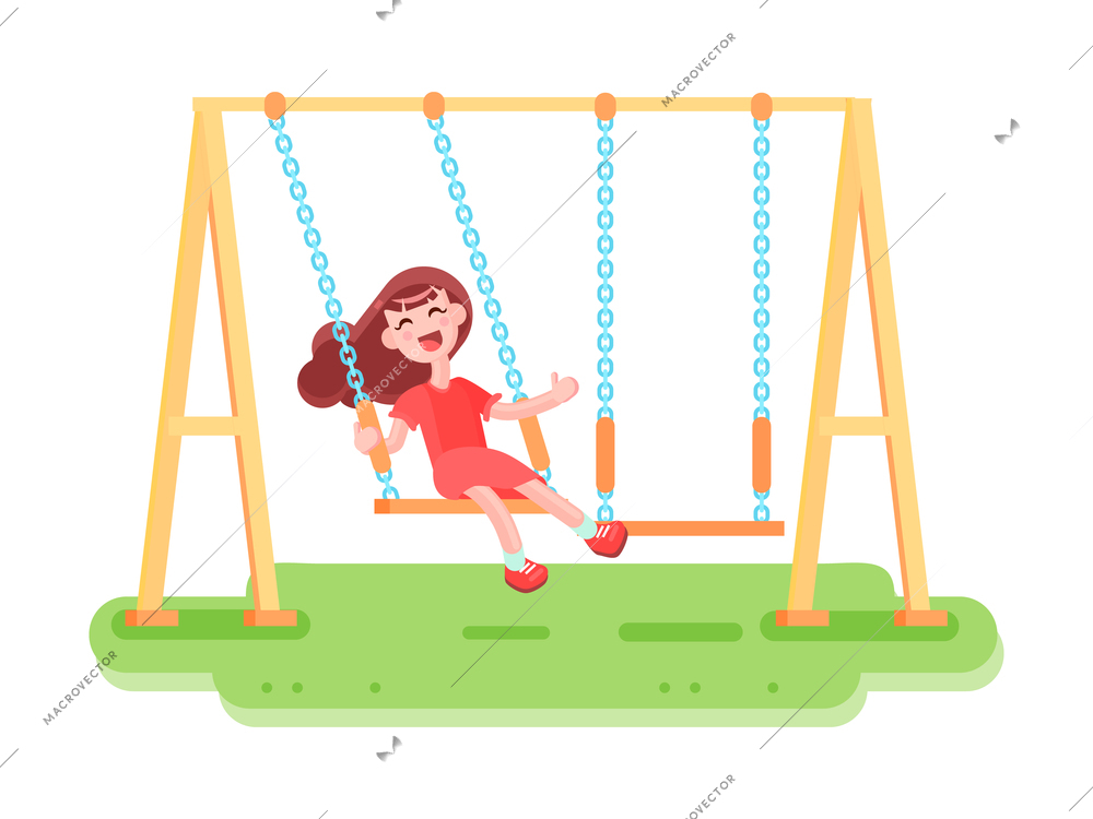 Composition with flat images of playground seesaw on chains and happy swinging teenage girl kid character vector illustration