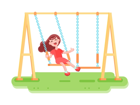 Composition with flat images of playground seesaw on chains and happy swinging teenage girl kid character vector illustration