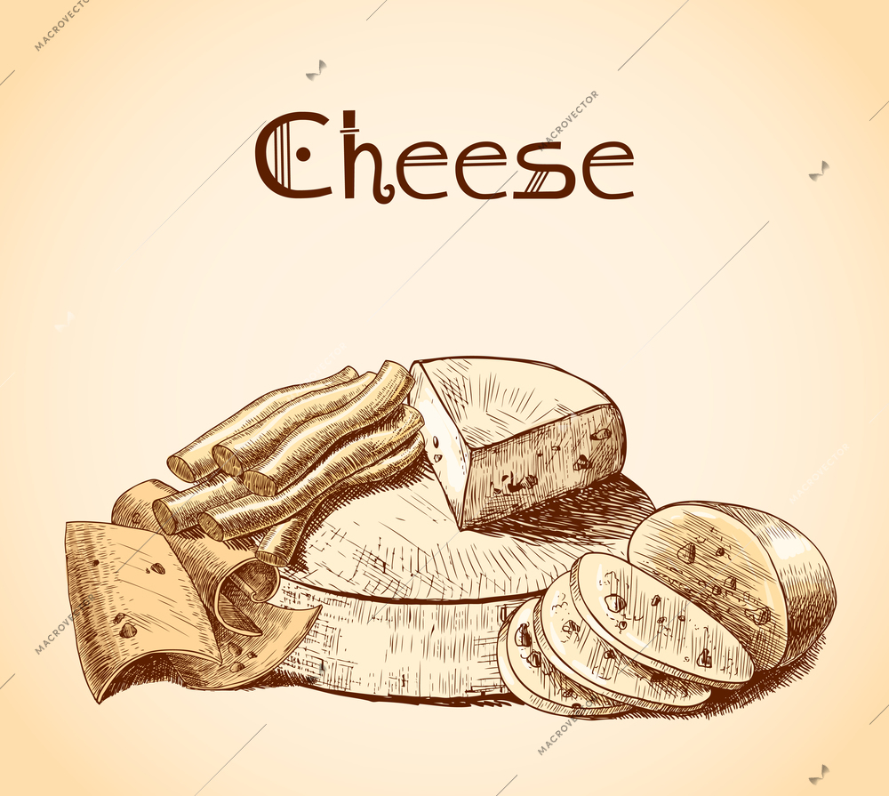 Cheddar parmesan smoked holland cheese slices chunks and blocks assortment sketch poster vector illustration