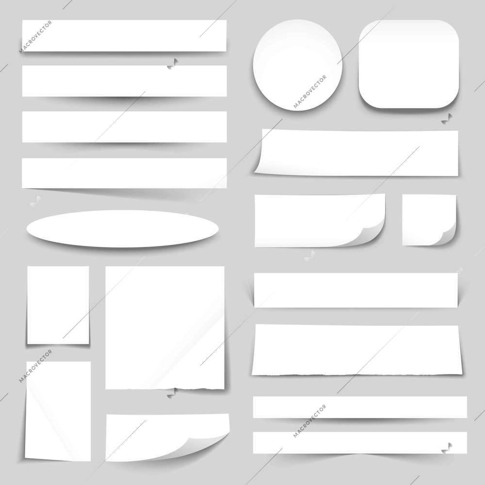 White blank paper strips circle oval square rectangles with curled edges realistic banners collection isolated vector illustration