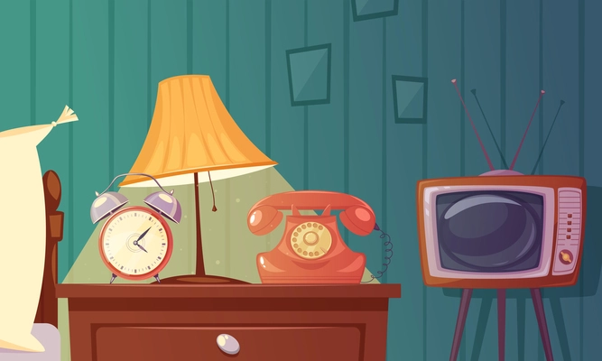 Retro gadgets cartoon composition with alarm clock phone tv lamp nightstand in bedroom vector illustration