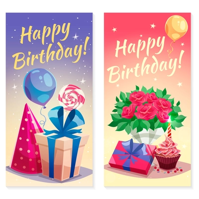 Birthday party vertical banners with air balloons bouquet of flowers cake and gift box decorative icons flat vector illustration