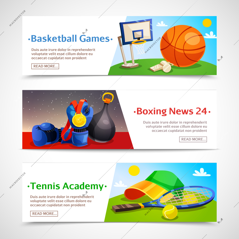 Sport horizontal banners set of basketball games boxing news and tennis academy decorative compositions flat vector illustration