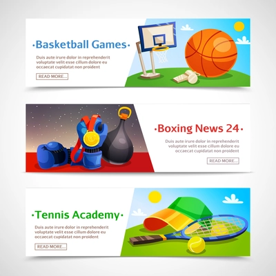 Sport horizontal banners set of basketball games boxing news and tennis academy decorative compositions flat vector illustration