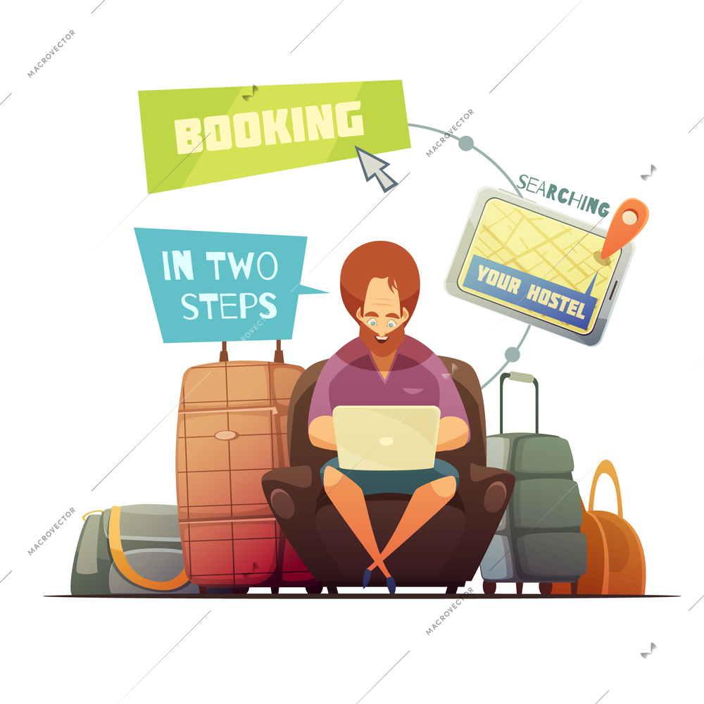 Hostel booking design concept with cartoon hipster busy online searching of guest house flat vector illustration