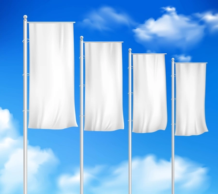 Four white blank pole flags set template for outdoor decor sale event advertisement sky background vector illustration