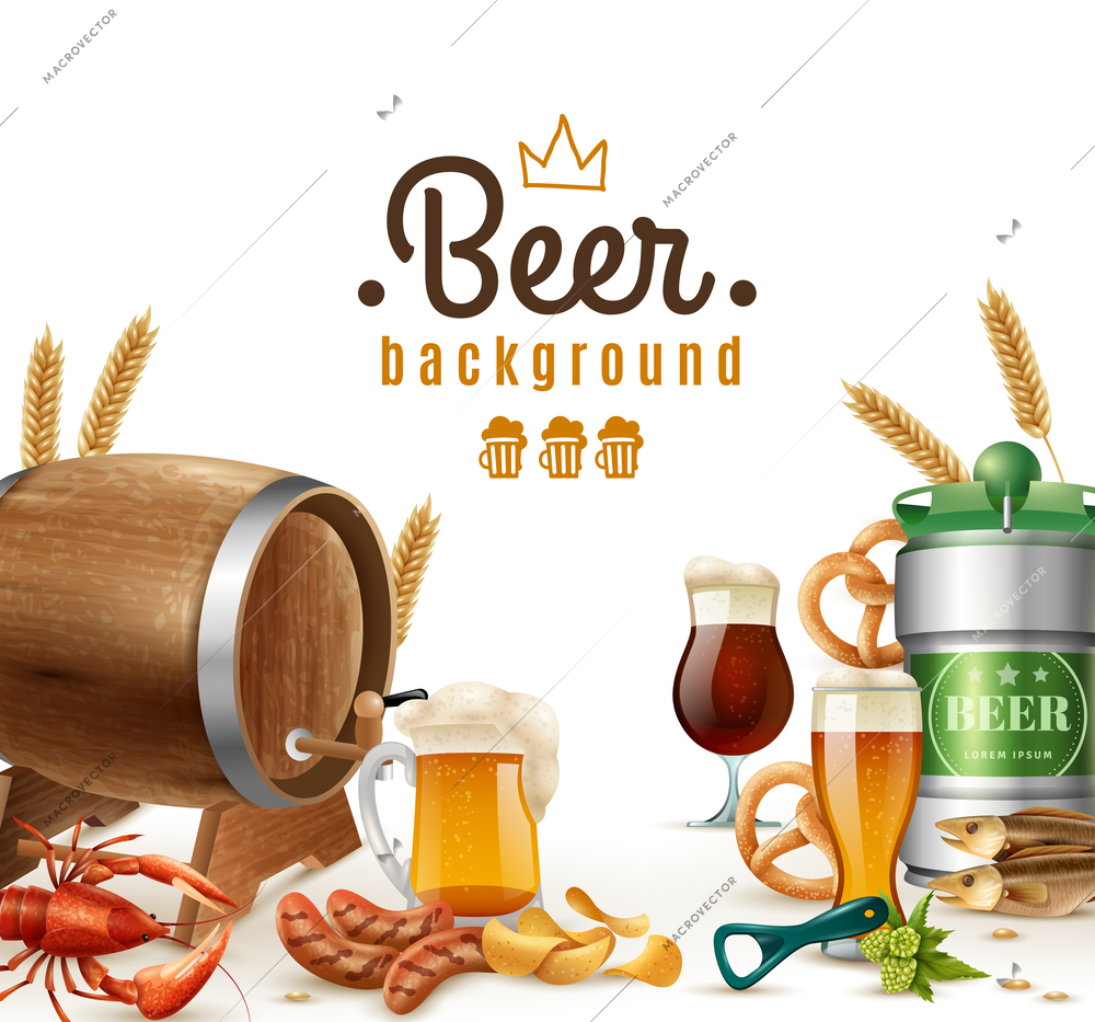 Realistic beer background with glasses barrel mug can crisps potato pretzel lobster wheat bottle opener vector illustration