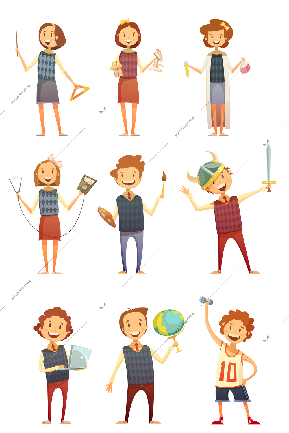 Kids education retro cartoon set of children holding globe books brush paints and busying in theatrical performance and physical training isolated vector illustration