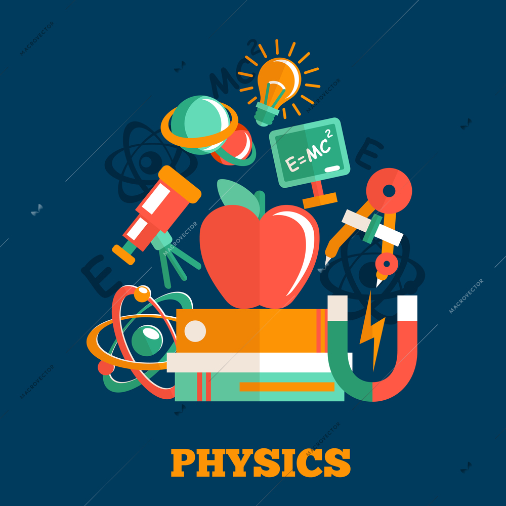 Physics science flat design poster with atom model magnet books vector illustration