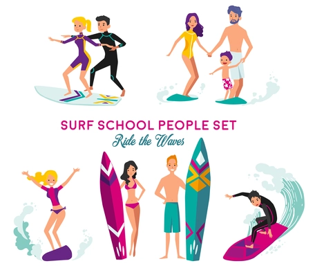 Surf school for adult and kids decorative elements set with people riding on surfboard over waves flat isolated vector illustration