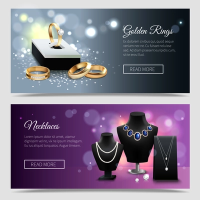 Horizontal jewelry realistic banners with golden rings and elegant necklaces on mannequins and stands isolated vector illustration