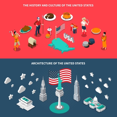 USA landmarks historical sites culture traditions and cuisine for travelers 2 isometric horizontal banners isolated vector illustration