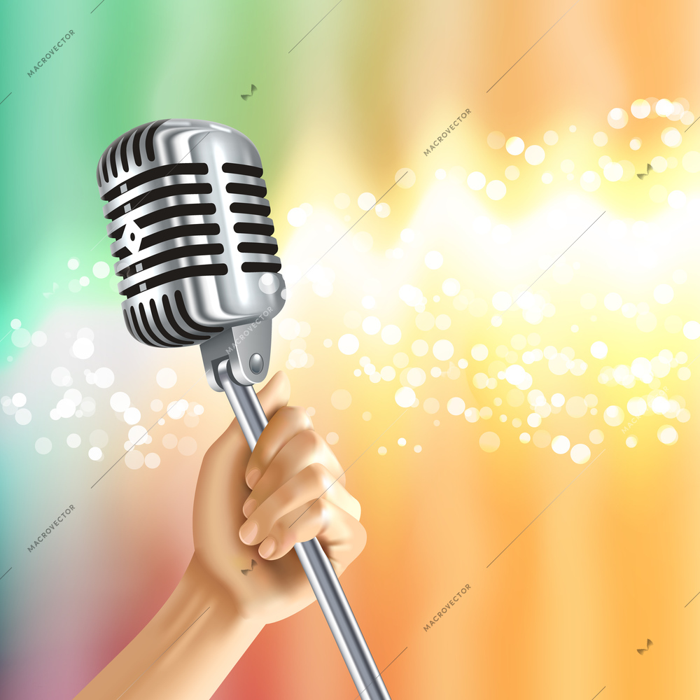 Old fashioned retro shiny metal microphone in hand against lighted two-colored bright background abstract vector illustration