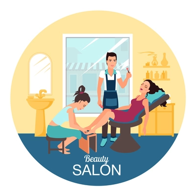 Flat design round poster with young woman having beauty procedures in spa salon vector illustration