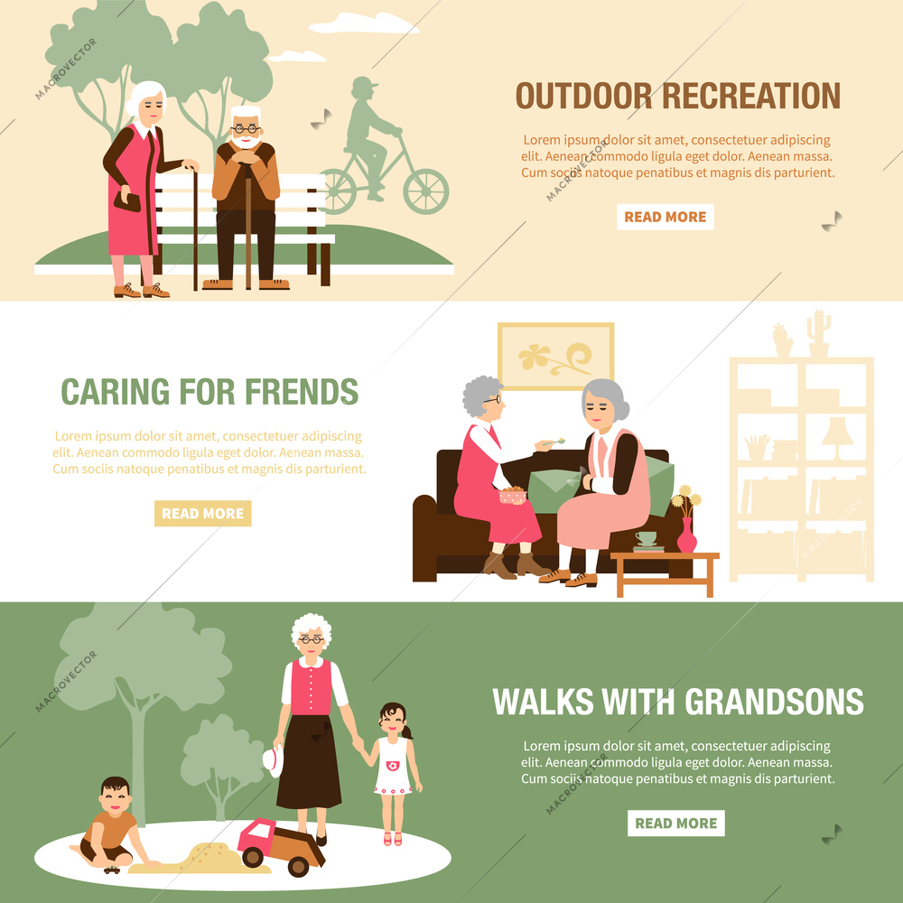 Horizontal old people spending time with grandson friends and walking flat isolated vector illustration