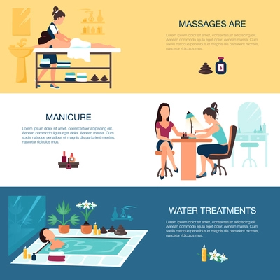 Horizontal beauty salon spa banners with massage are manicure and water treatments flat isolated vector illustration