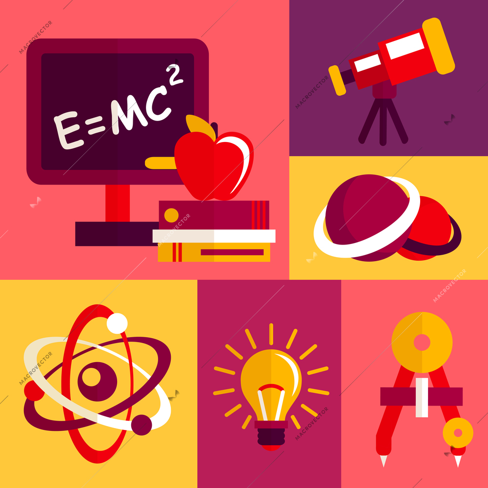 Physics and astronomy laboratory equipment teaching and studying decorative icons set isolated vector illustration