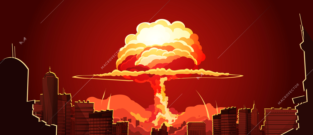 Nuclear explosion bright orange fiery mushroom cloud cap in city center retro cartoon poster abstract vector illustration