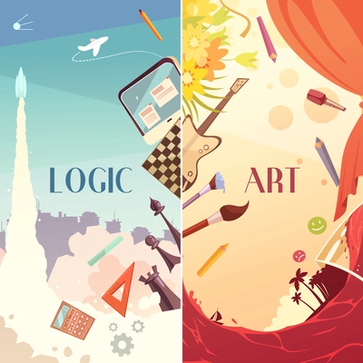 Brain left logic and right art hemispheres 2 symbolic retro cartoon vertical banners abstract isolated vector illustration