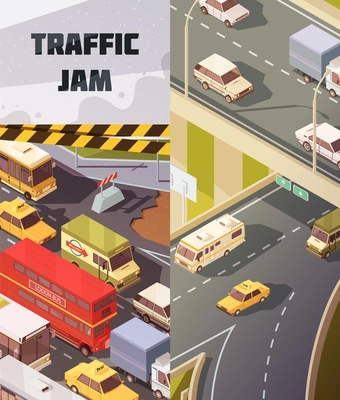 Transport vertical banners set with traffic jam symbols isometric isolated vector illustration