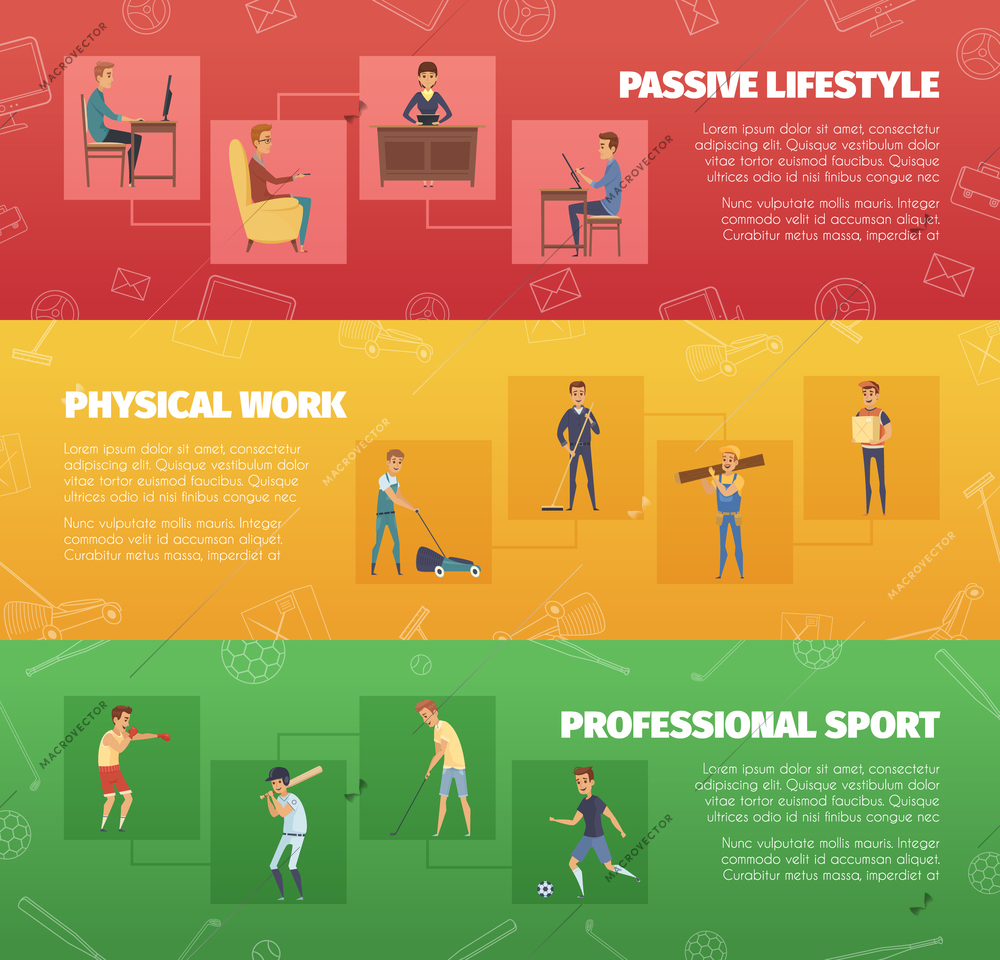 Three horizontal banners set with physical work and sport activities with human character icons and text vector illustration