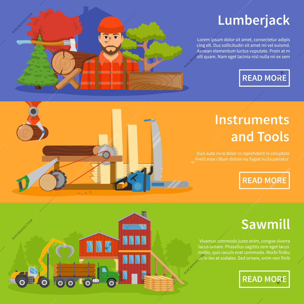 Three horizontal sawmill banners set with compositions of professional processing equipment text and read more button vector illustration