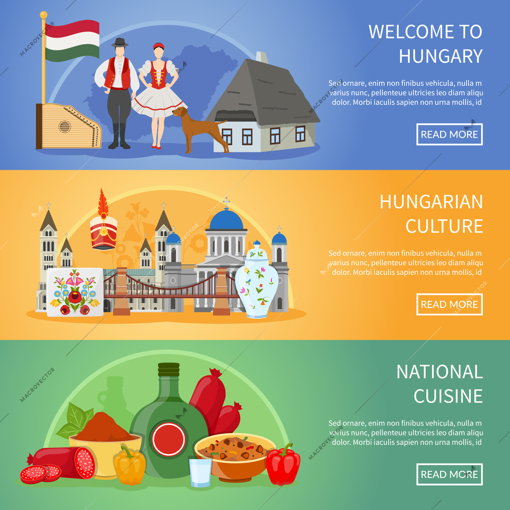 Set of three hungary banners with flat compositions of traditional architecture food costumes and national symbols vector illustration