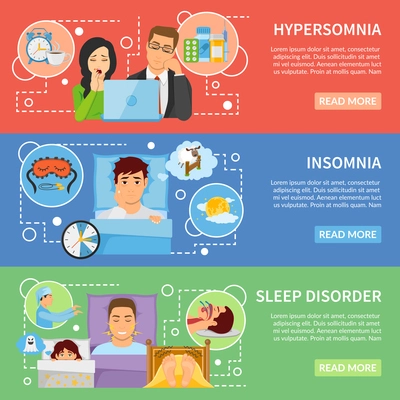 Set of three horizontal sleeping disorders banners with conceptual compositions of suffering people medication decorative symbols vector illustration