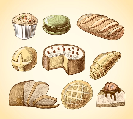 Puff pastry macaron croissant cheese cake and wheat rye bread doodle food icons set vector illustration